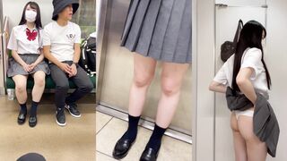 年上の彼氏と電車内で過激にイチャイチャ！？激カワ黒髪清楚系JKを電車内で盜撮