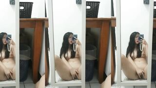 Glasses breast girl naked in front of the mirror